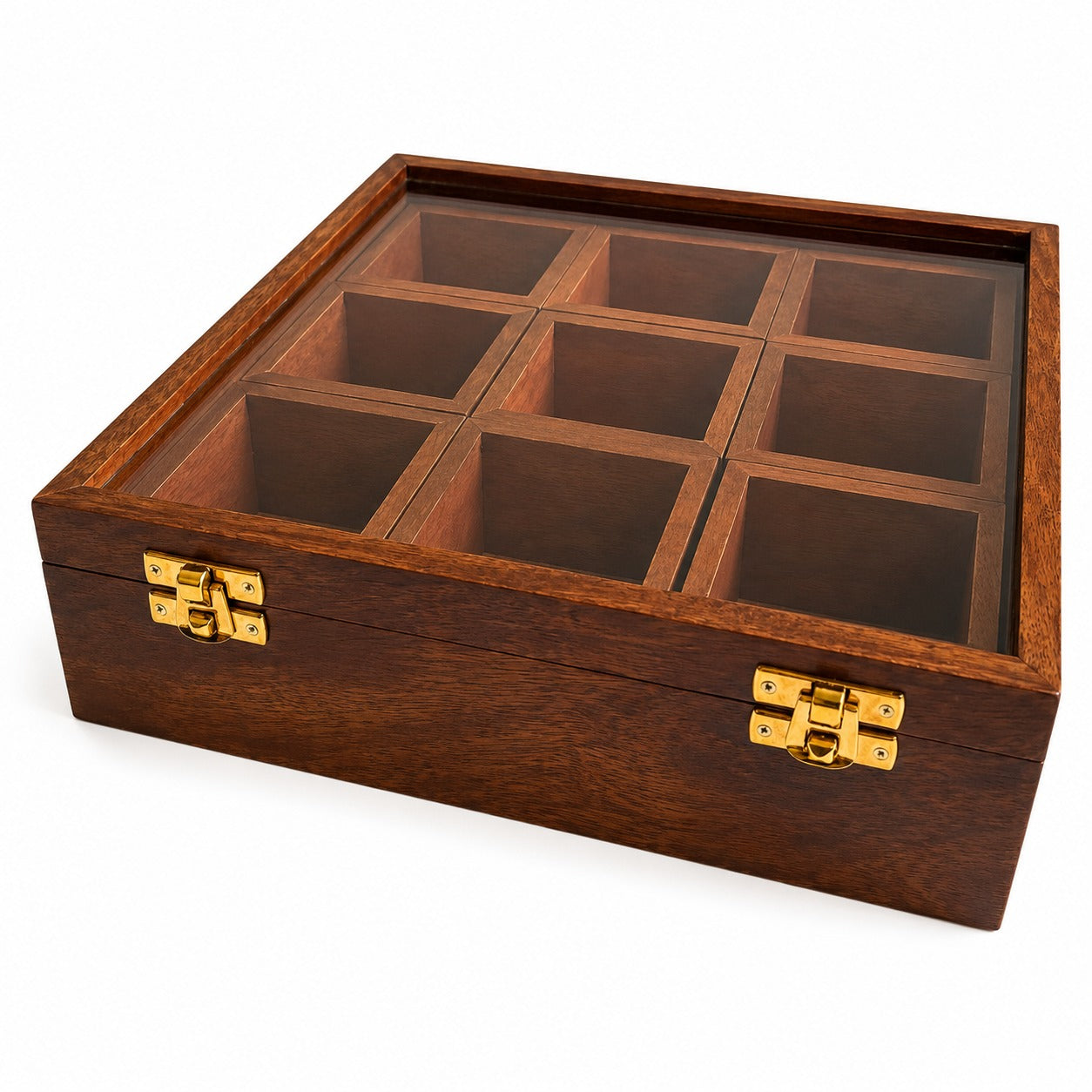 Sheesha Wood 9-Compartment Storage Box with Glass Lid – Multipurpose Organizer