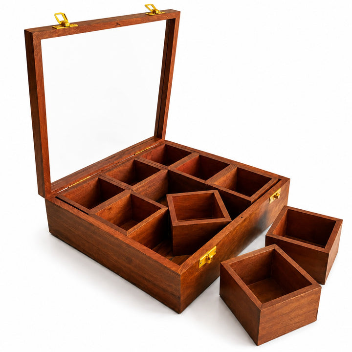 Sheesha Wood 9-Compartment Storage Box with Glass Lid – Multipurpose Organizer