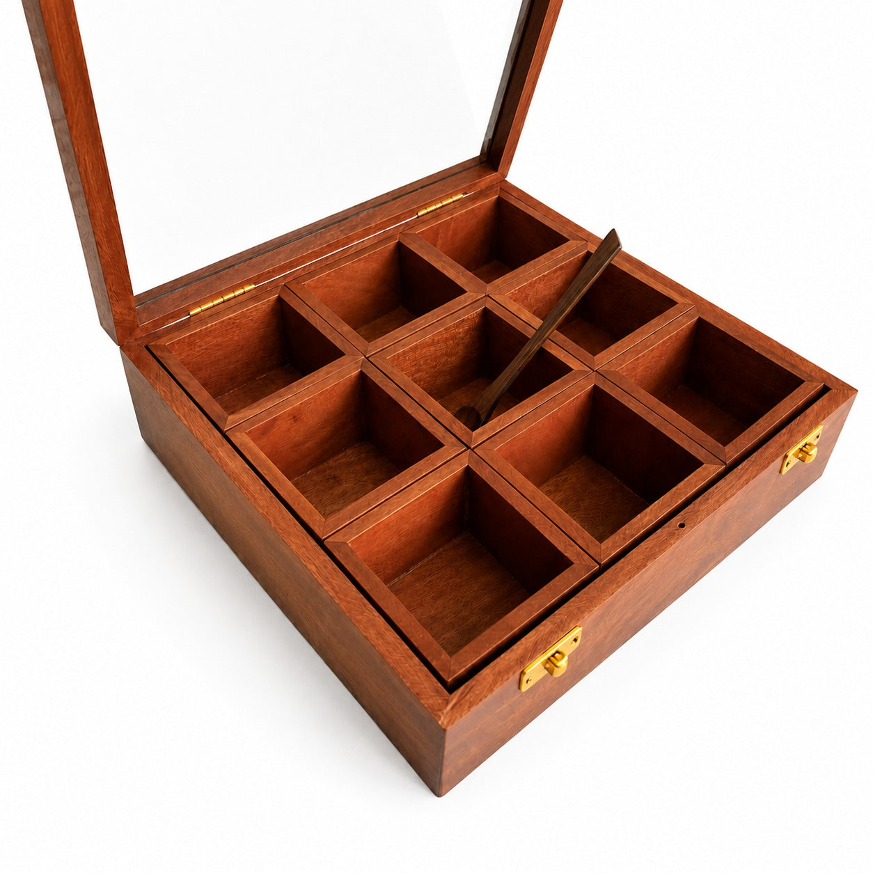 Sheesha Wood 9-Compartment Storage Box with Glass Lid – Multipurpose Organizer