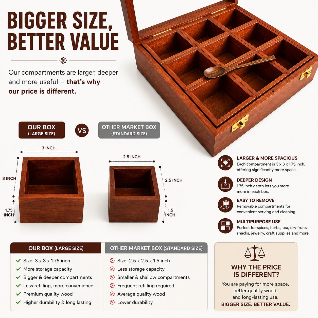 Sheesha Wood 9-Compartment Storage Box with Glass Lid – Multipurpose Organizer