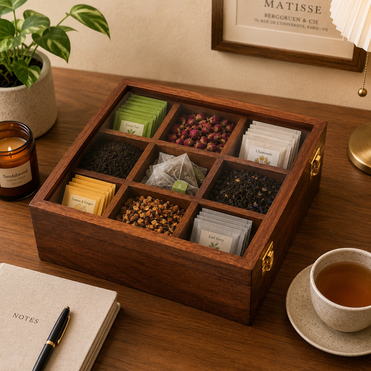 Sheesha Wood 9-Compartment Storage Box with Glass Lid – Multipurpose Organizer