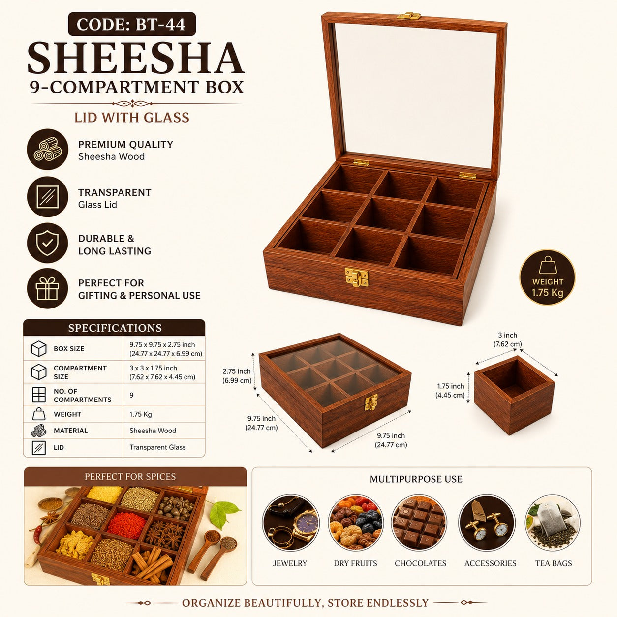 Sheesha Wood 9-Compartment Storage Box with Glass Lid – Multipurpose Organizer