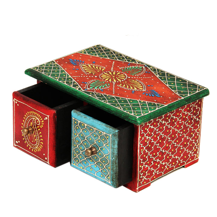 Handmade Horizontal Embossed Two Drawers Box in Wood