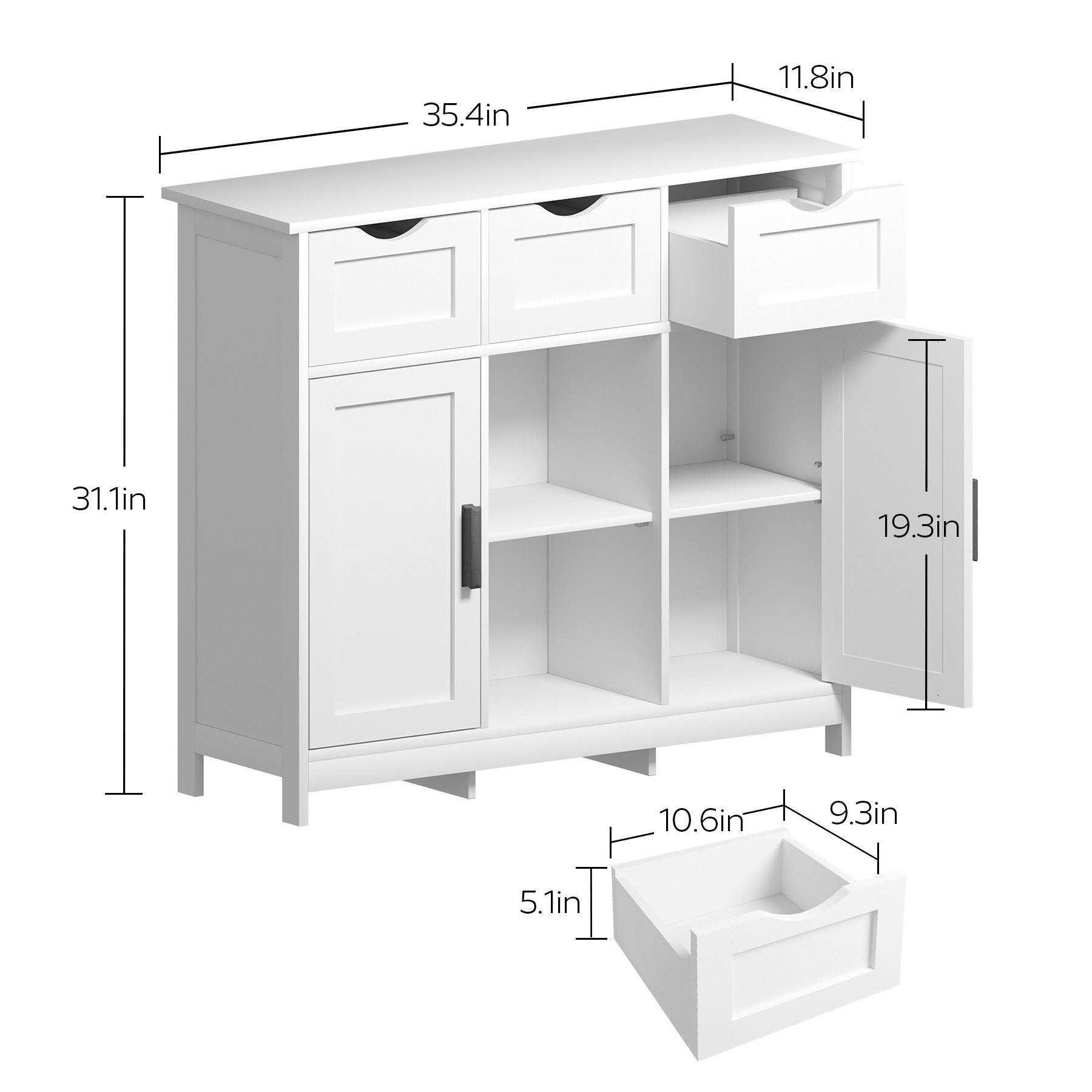 Modern White Wood Storage Cabinet with Drawers & Adjustable Shelves