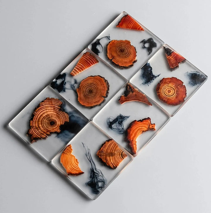 Boho Mid-Century Modern Wood & Resin Coasters – Handmade Wooden Coaster Set (4 or 6 Pieces)