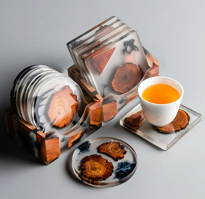 Boho Mid-Century Modern Wood & Resin Coasters – Handmade Wooden Coaster Set (4 or 6 Pieces)