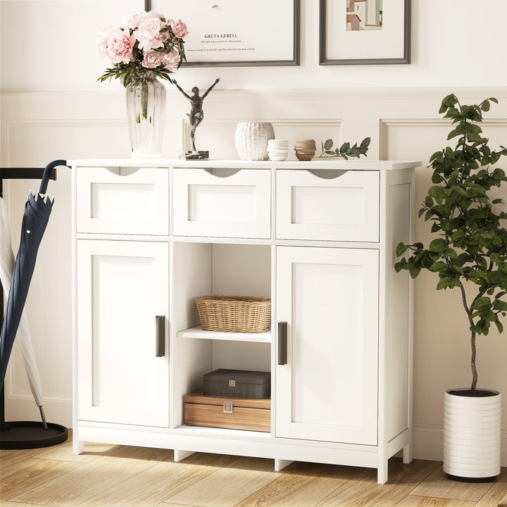 Modern White Wood Storage Cabinet with Drawers & Adjustable Shelves