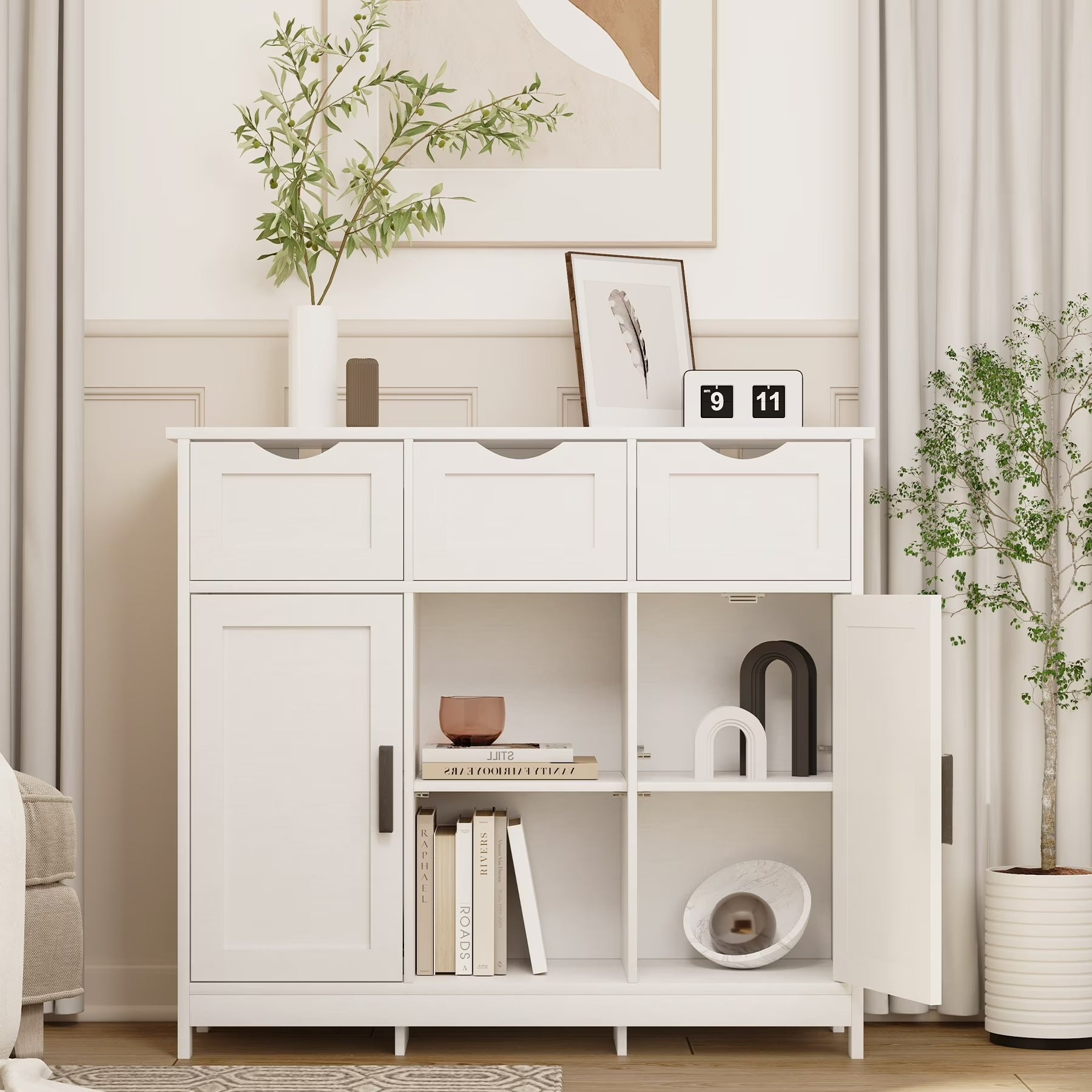 Modern White Wood Storage Cabinet with Drawers & Adjustable Shelves