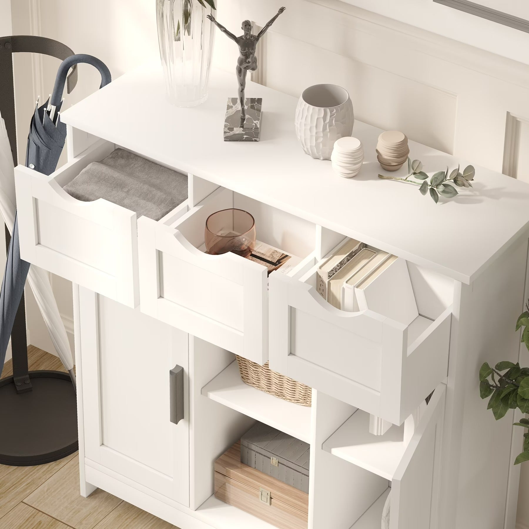 Modern White Wood Storage Cabinet with Drawers & Adjustable Shelves