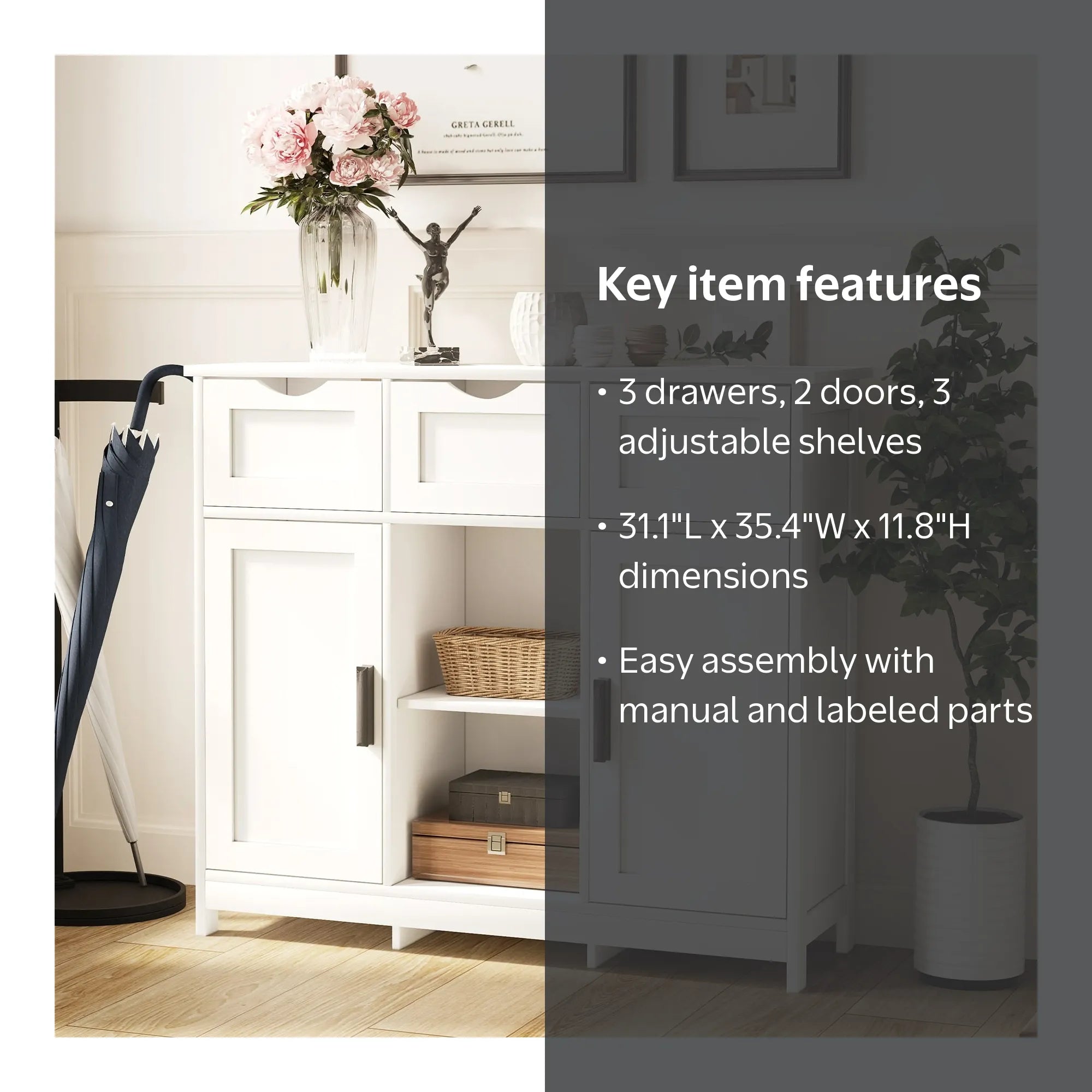 Modern White Wood Storage Cabinet with Drawers & Adjustable Shelves