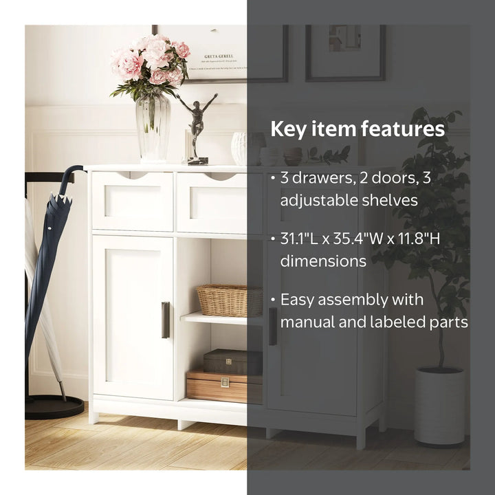 Modern White Wood Storage Cabinet with Drawers & Adjustable Shelves