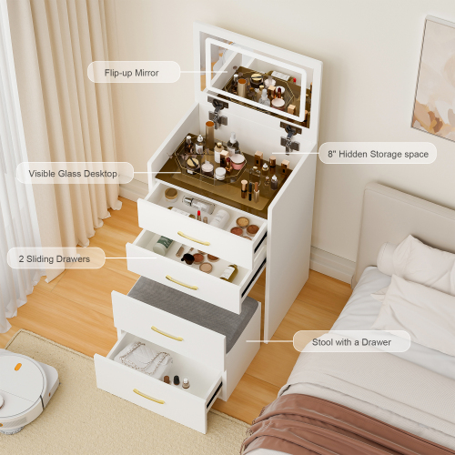 3-in-1 Makeup Vanity Desk with Mirror, Glass Top & 3 Drawers